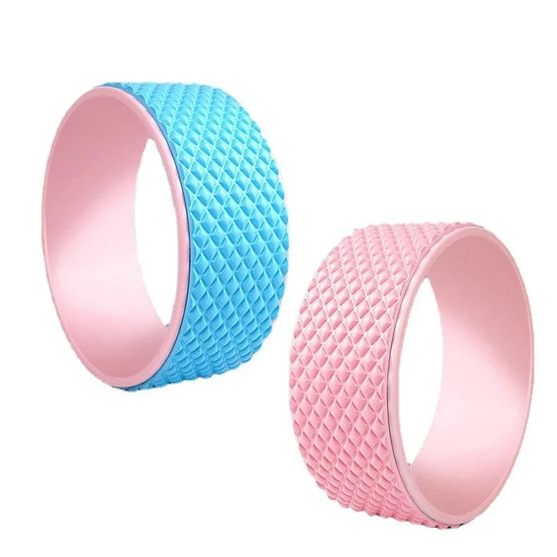 Yoga wheel with 31.5cm diameter in blue colour showing EVA outer ring and ABS inner construction