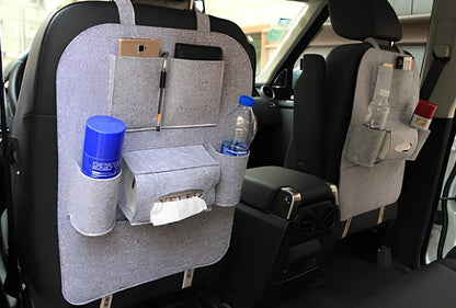 Wool felt car seat organiser bag with multiple pockets measuring 33cm wide