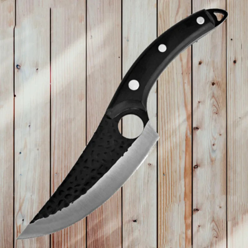 Butcher knife set with small scimitar skinning boning knife and leather sheath