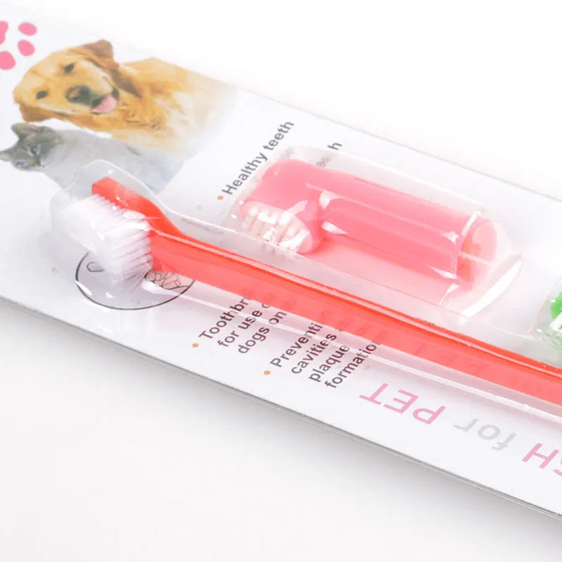 Pet toothbrush set with double head plastic brush and two soft silicone finger toothbrushes for dogs and cats