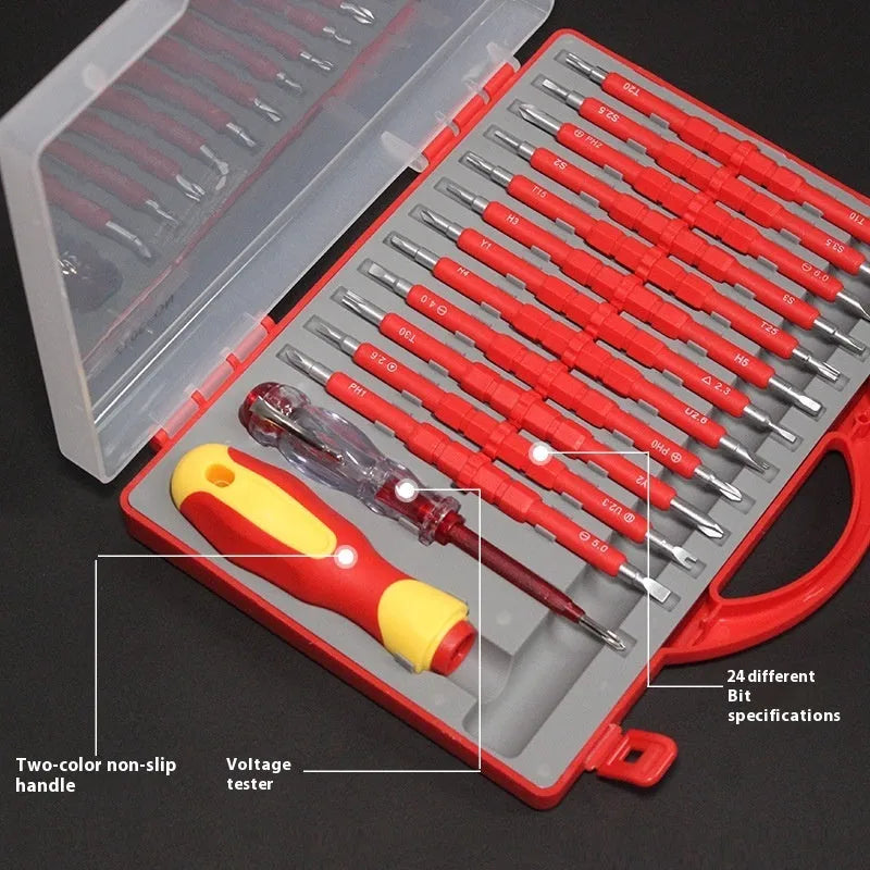 26-in-1 electrician screwdriver set with red plastic handle, magnetic Cr-V steel bits, and T20 cutter head on a white background