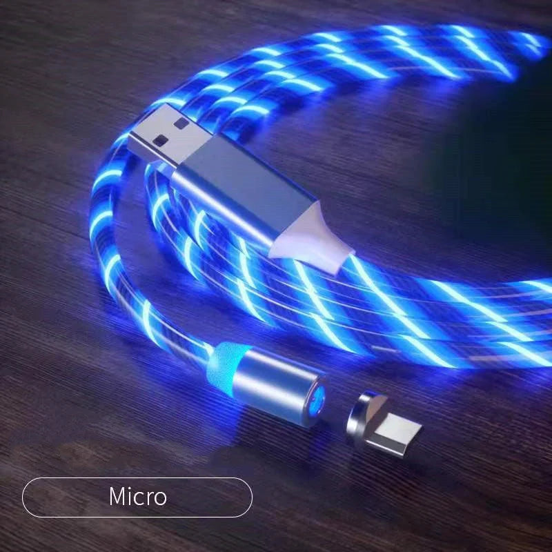Magnetic charging cable with LED indicator, available in blue, red, green, and colorful options.