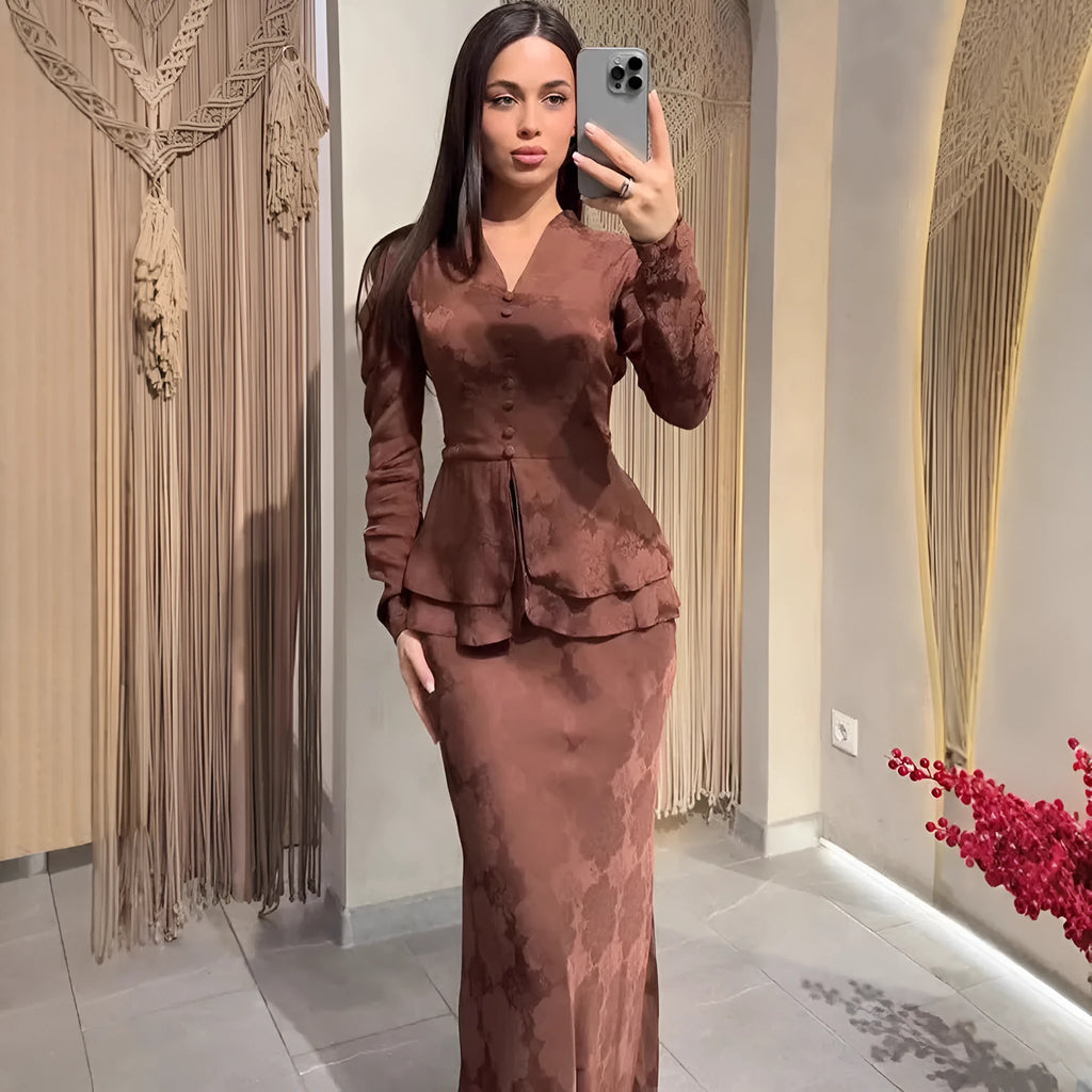 Dark brown long sleeve women's dress with floral pattern and button details on a fake two-piece design.