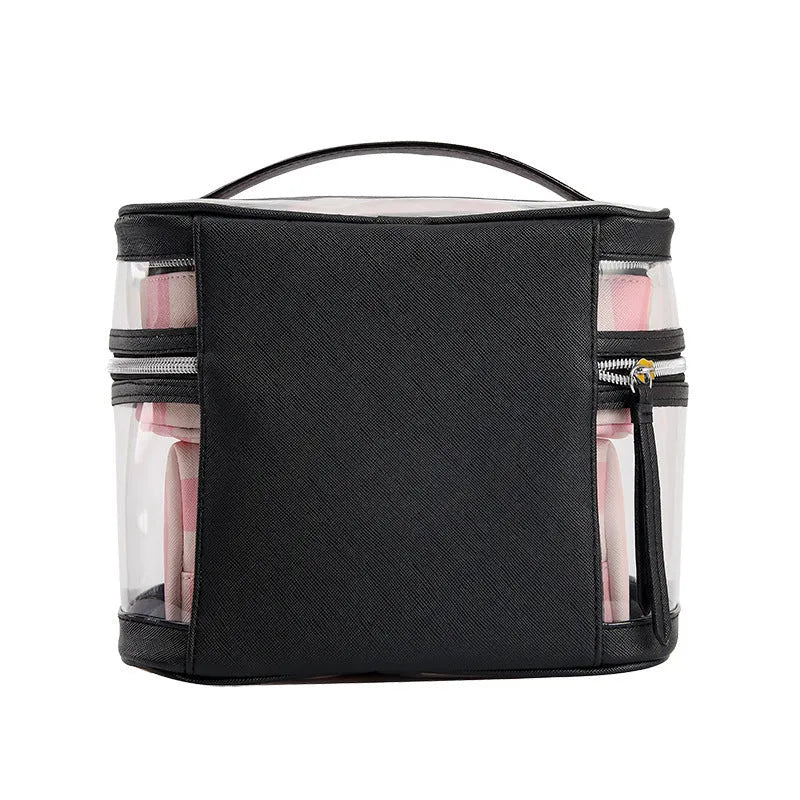 Pink bold stripes floral pattern synthetic leather makeup bag with nylon lining