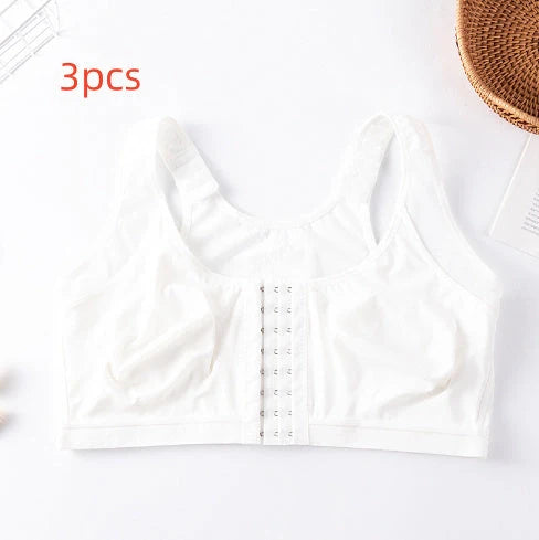 Front Buckle Closed Sports Bra in plus sizes, available in white, black, and apricot