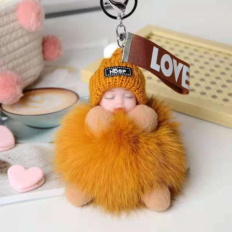 Hand-woven fox fur sleeping doll plush keychain pendant with or without bow