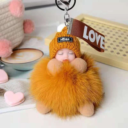 Hand-woven fox fur sleeping doll plush keychain pendant with or without bow