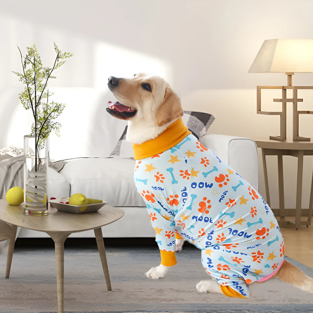 Cotton dog jumpsuit with four-legged design and long sleeves in cute print pattern