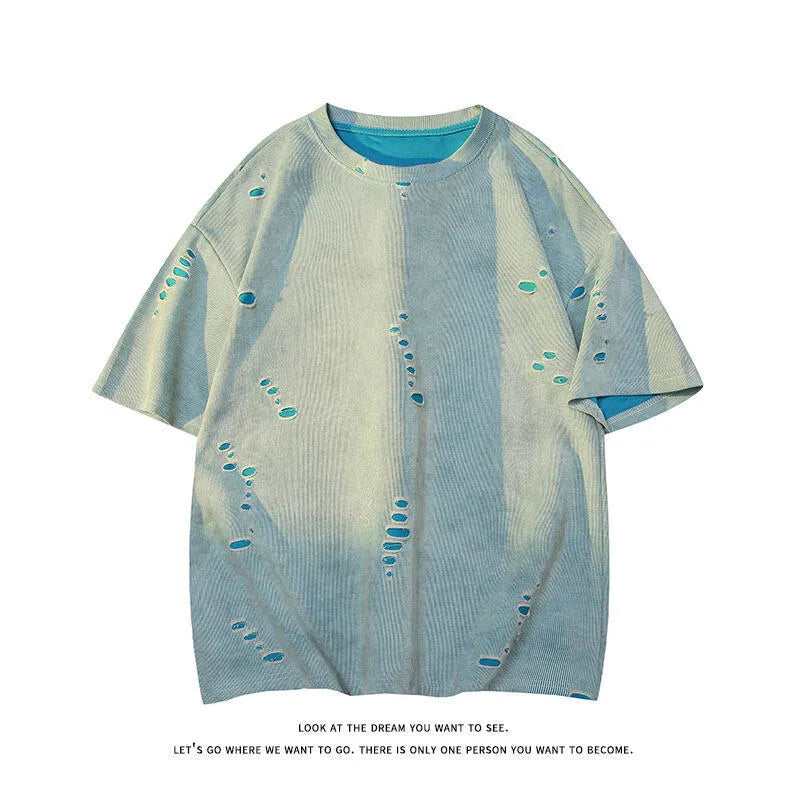 Men's grey loose-fit cotton blend short sleeve t-shirt with a distressed design on the front.