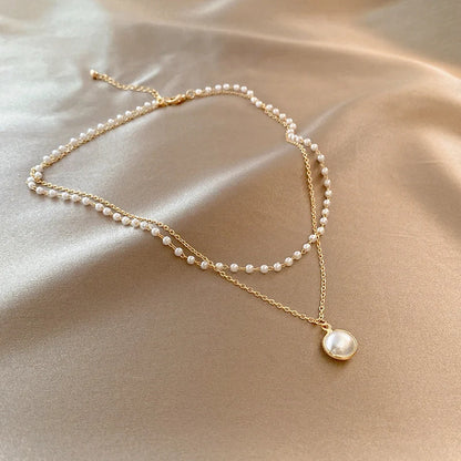 Double-layer pearls necklace with adjustable chains for summer wear
