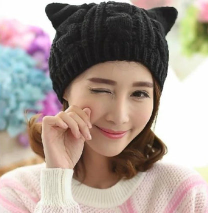 Handcrafted 3D knitted cat ear beanie in various colours for winter warmth