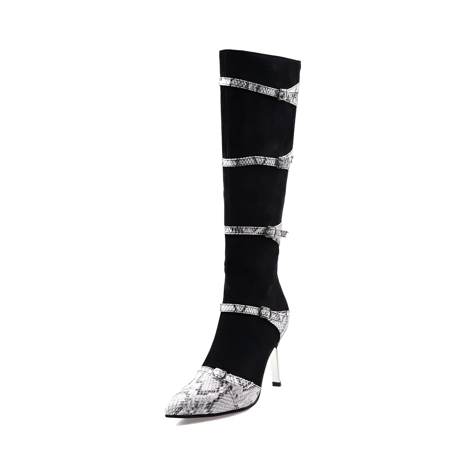 Women's grey knee-high boots with a thin high heel on a white background.