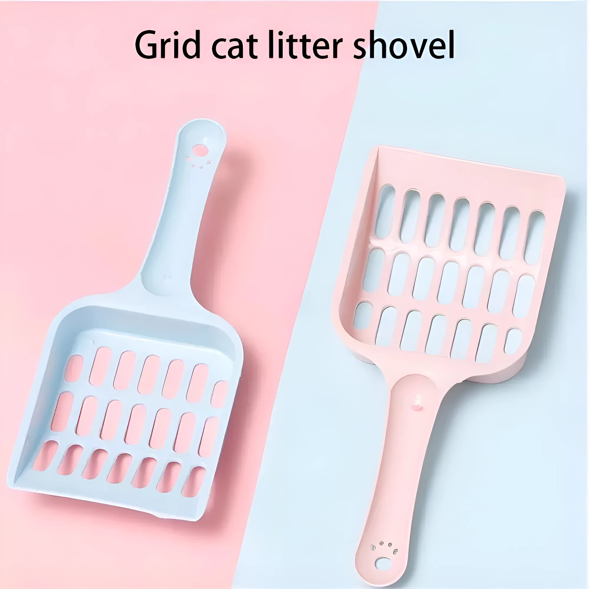 Blue plastic cat litter scoop showing 20cm length and slotted design for sifting pet litter