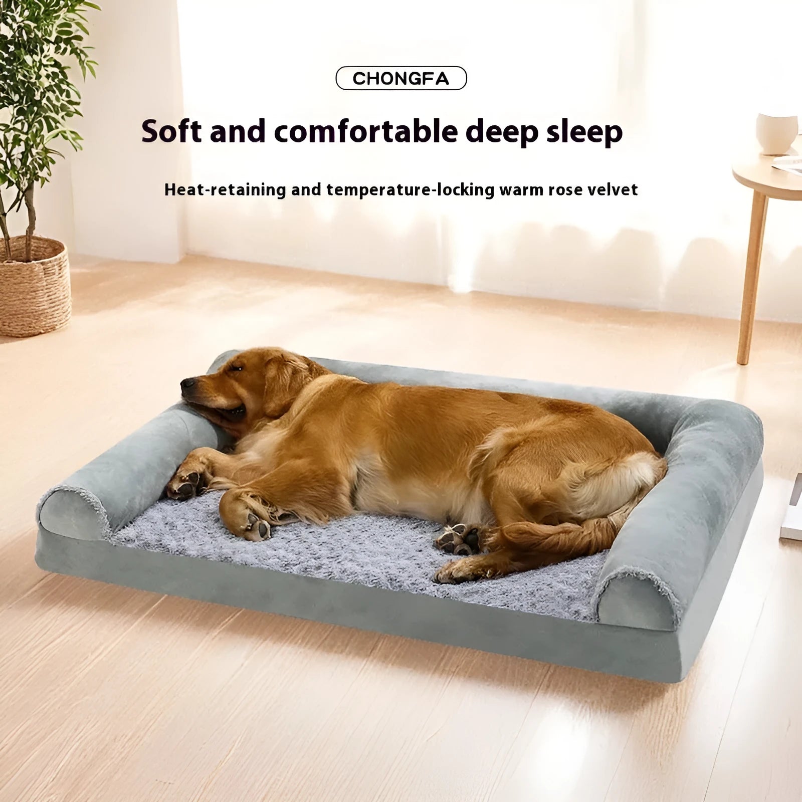 A light grey soft fabric dog kennel for large dogs, shown with size dimensions labelled.