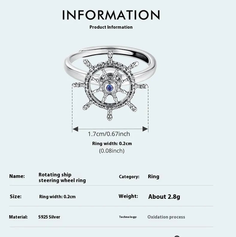 Retro rotatable rudder silver ring for women with inlaid zircon open mouth adjustable