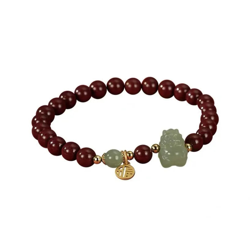 Natural Hetian Jade cinnabar bracelet with 8mm beads in Emperor sandstone style.