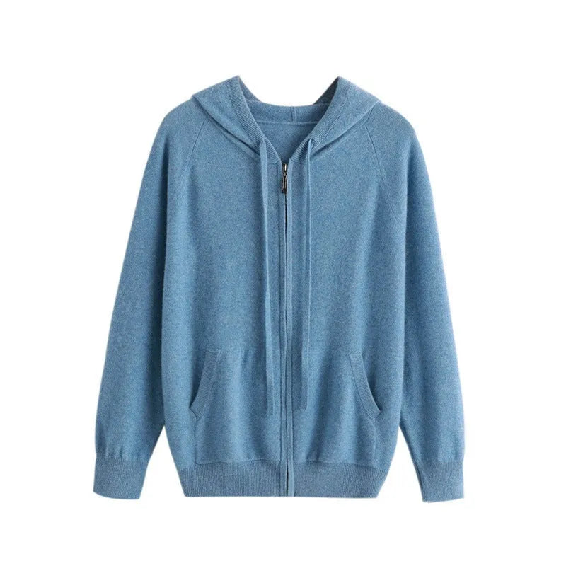 Men's solid colour hooded cashmere cardigan with full-length zip in regular fit