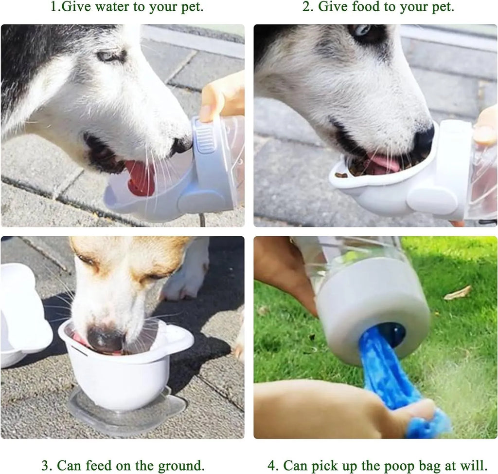 Green, pink, or white 3-in-1 portable pet water bottle with food container and garbage bag dispenser and shoulder strap.