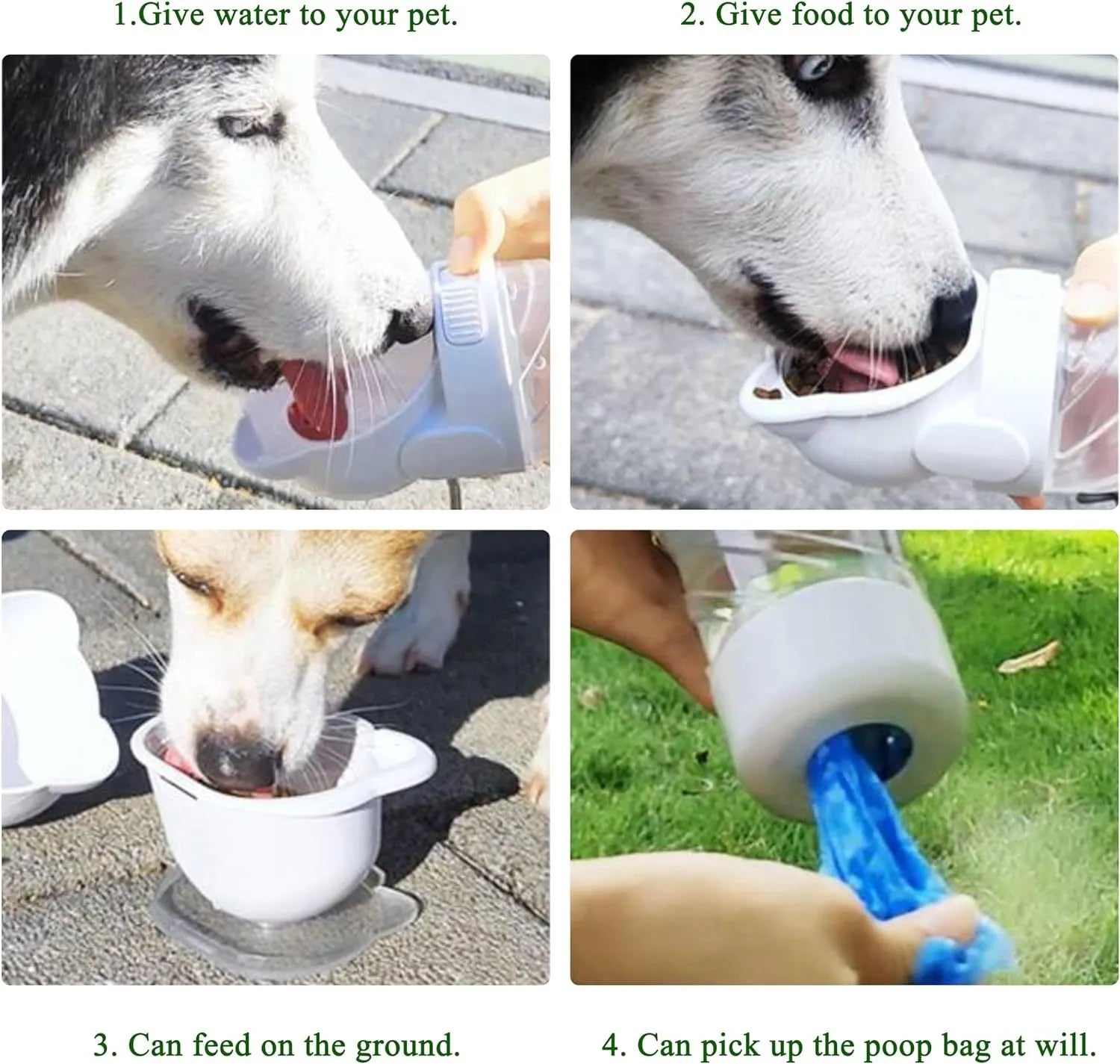 Green, pink, or white 3-in-1 portable pet water bottle with food container and garbage bag dispenser and shoulder strap.