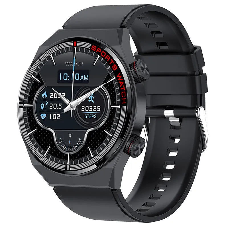Smartwatch with rotary dial on case, genuine leather strap, and 1.3-inch display showing health stats.