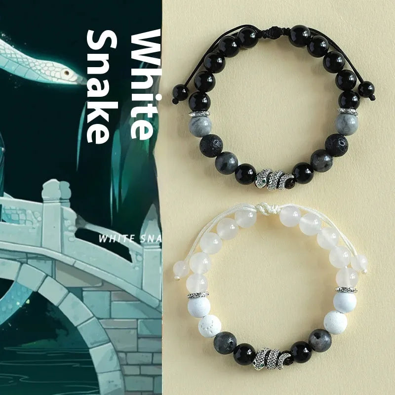 Handcrafted agate couple bracelets in black and white blessing snake style with natural stones