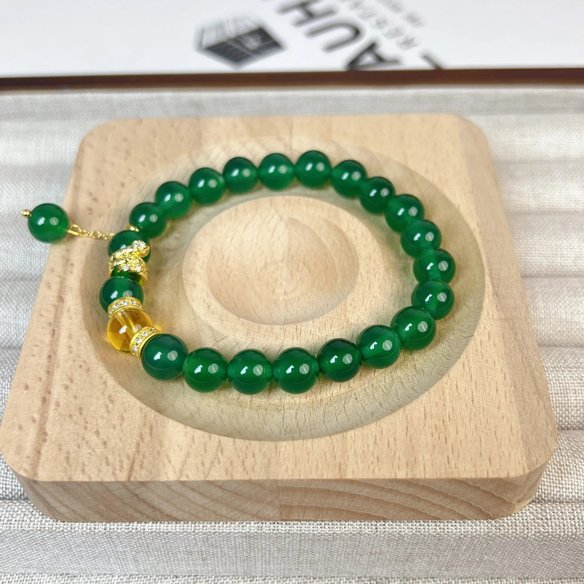 Natural green chalcedony and red agate geometric bracelet with copper components and adjustable clasp