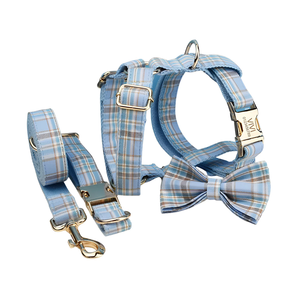 Sky blue grid patterned dog collar, leash, vest, and bow set from the forest series for pets.