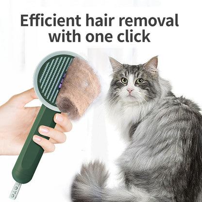 Rechargeable pet grooming brush with UV-C sterilization and automatic hair collection