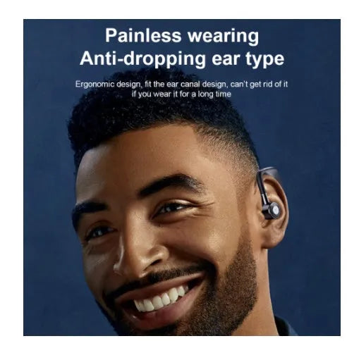 Digital display business earphones in black with charging compartment showing battery level, Bluetooth 5.2