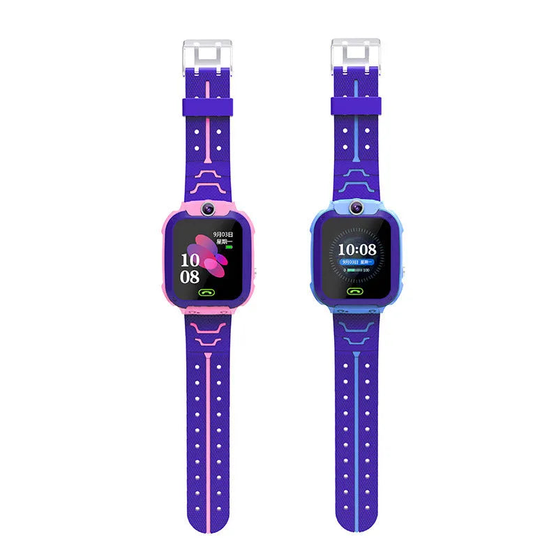 Blue children's waterproof phone watch with 1.44-inch screen showing GPS tracking interface