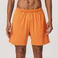 Men's quick-drying double-layer running shorts in sky green colour, laid flat to show mid-waist fit and shorts length.
