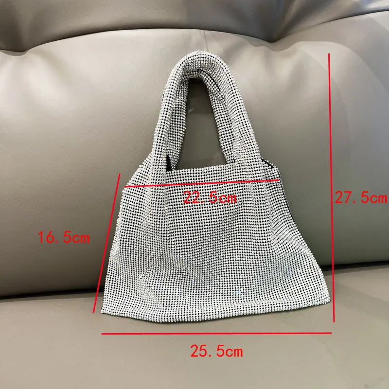 Silver cotton thread handbag with rhinestone detailing and open outer pocket