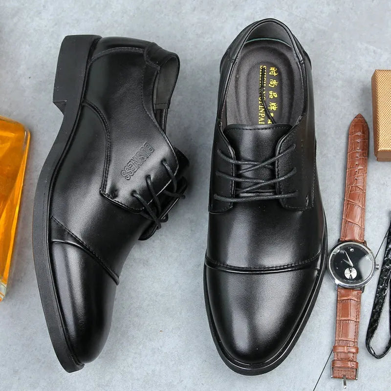 Men's black and brown leather lace-up shoes with stitching detail and horse buckle, shown in sizes 38 to 48