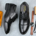 Men's black and brown leather lace-up shoes with stitching detail and horse buckle, shown in sizes 38 to 48