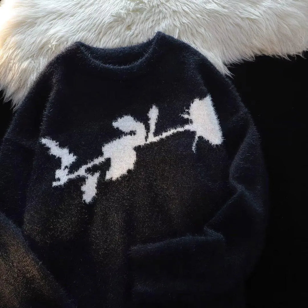Men's dark rose flocking horse print on a black long sleeve cotton blend pullover sweater