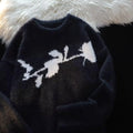 Men's dark rose flocking horse print on a black long sleeve cotton blend pullover sweater