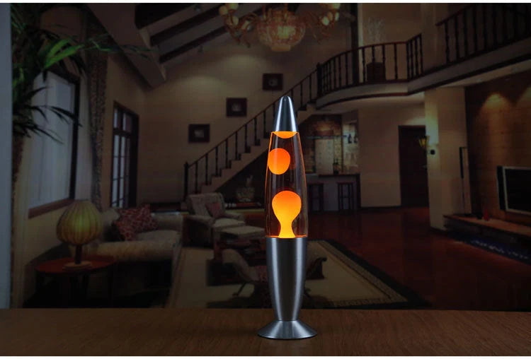 Modern 33cm lava lamp with vibrant wax colours on a wooden table