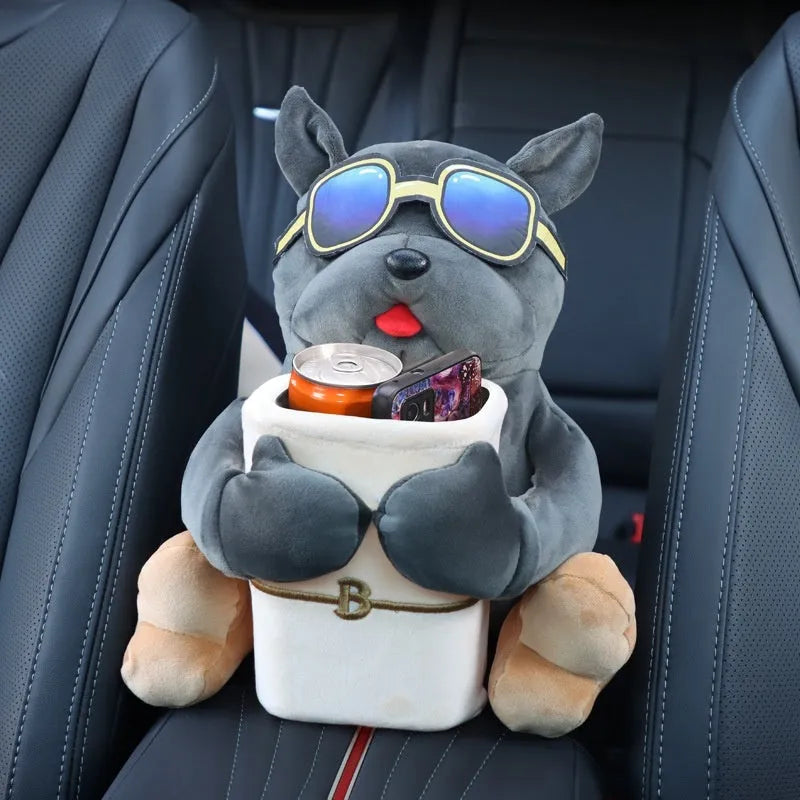 Plush hanging car tissue box organiser for the centre armrest in a choice of designs