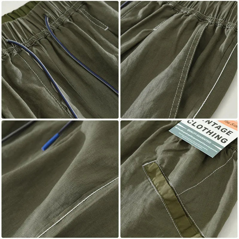 Men's loose straight fit linen shorts in green with drawstring waist, shown laid flat