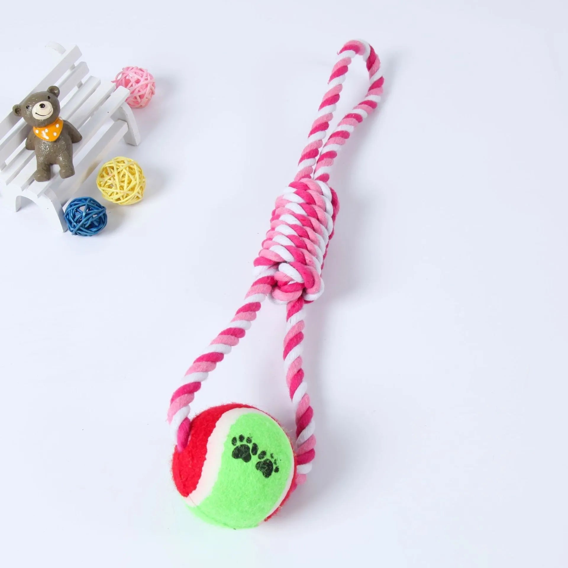 Red, white and blue woven cotton string dog toy measuring 38cm in length