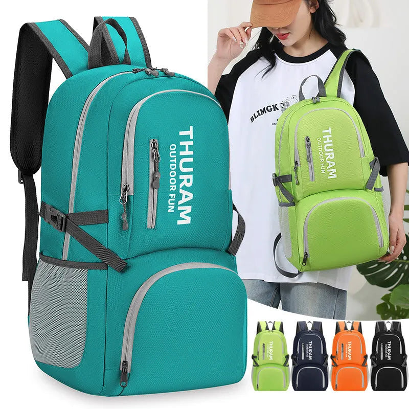 Outdoor folding shoulder travel bag in Oxford cloth with 20-35L capacity and air pillow belt