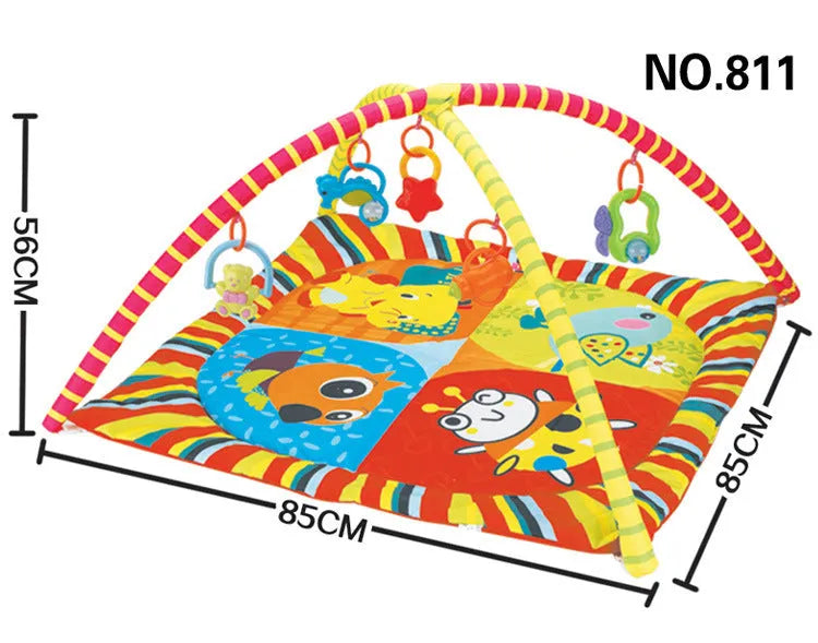 Velvet baby gymnastic rack game blanket in small animal or big animal pattern on floor.