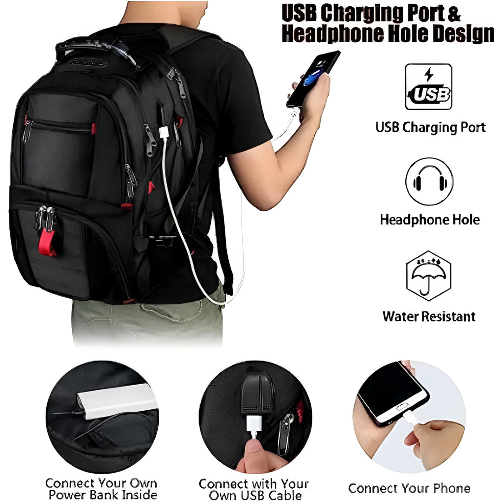 Large waterproof Oxford cloth USB backpack with curved shoulder straps in black colour