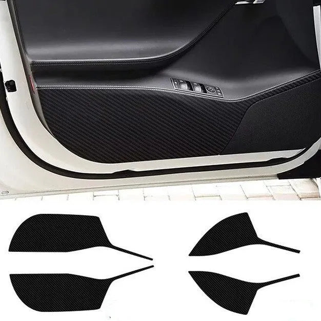 Carbon fibre pattern protective film for Tesla Model S door panels showing four pre-cut pieces