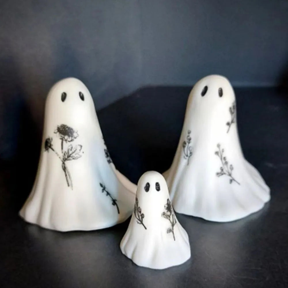 White synthetic resin ghost ornament set in multiple sizes for Halloween decoration