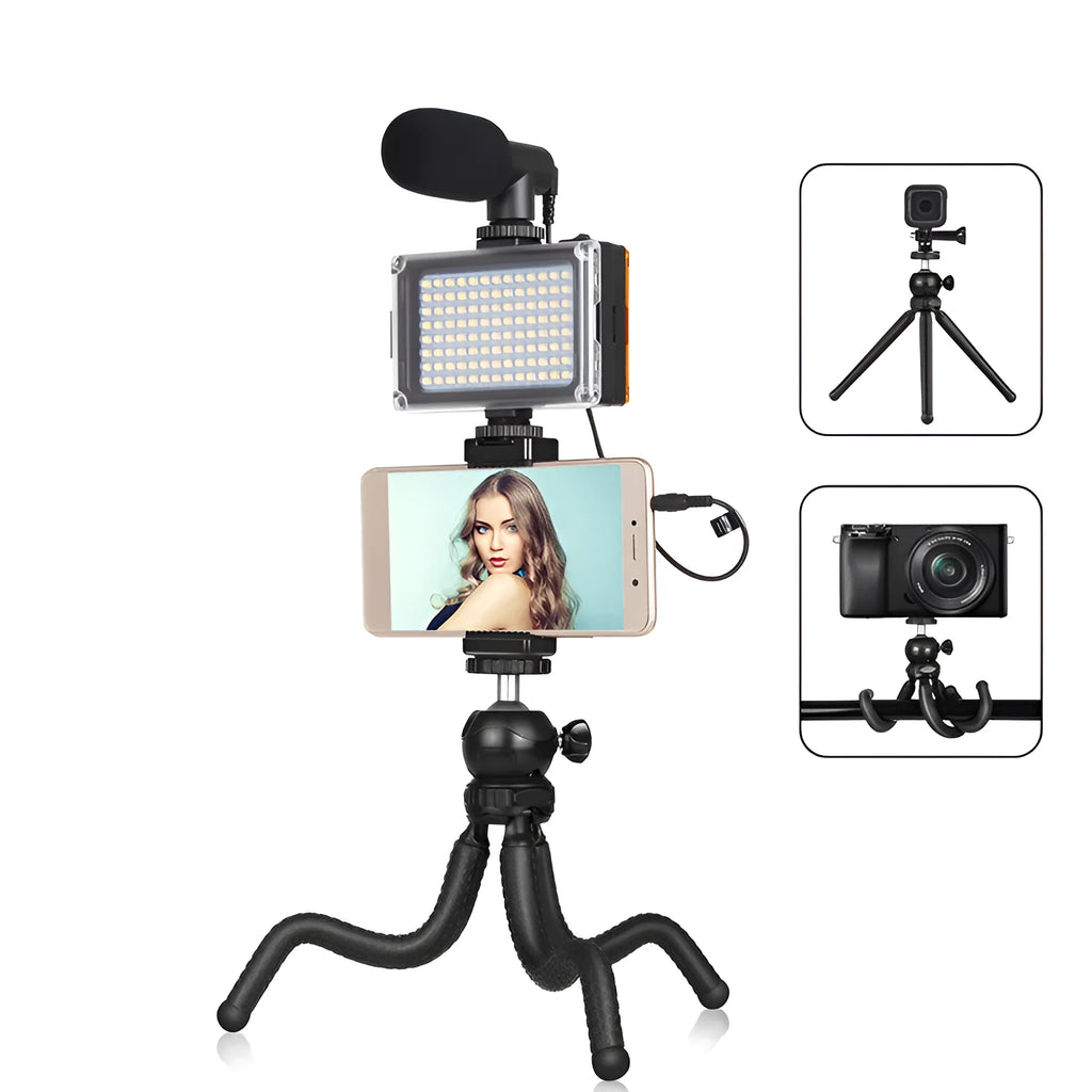 Black octopus-style flexible tripod kit with attached fill light and microphone for live broadcasting.