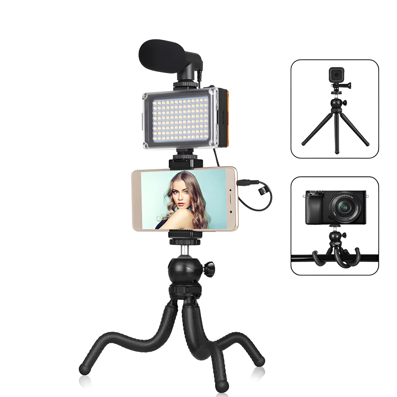 Black octopus-style flexible tripod kit with attached fill light and microphone for live broadcasting.