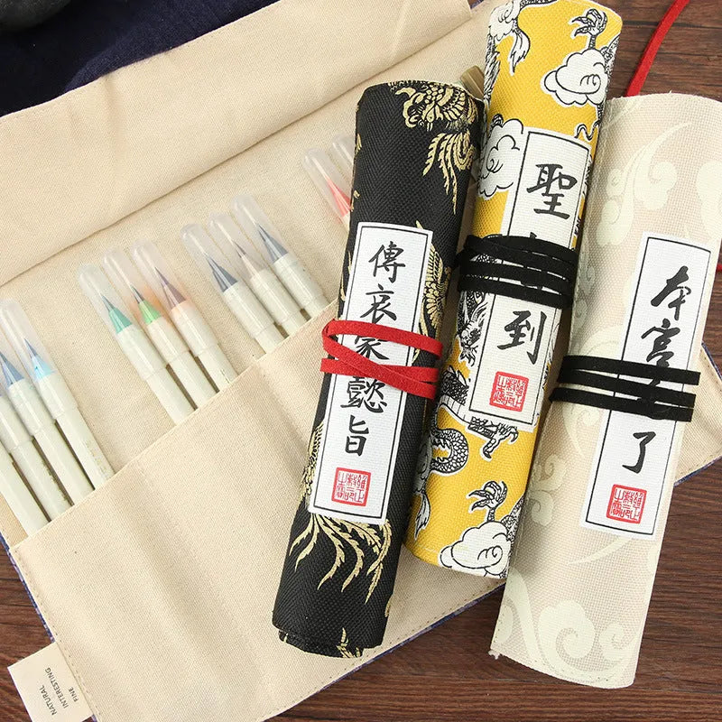 Student court style Oxford fabric pencil case in black, blue, light yellow, or yellow, showing its 28.5mm by 200mm size.