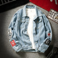 Men's blue denim jacket with lapel collar, single-breasted front, and side seam pockets on a model