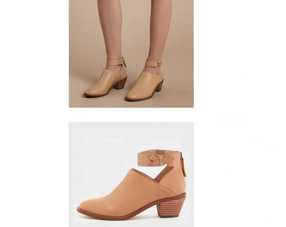 Women's black cut-out ankle boots with buckle strap, back zipper, 3-5cm heel in artificial PU, size 36 shown